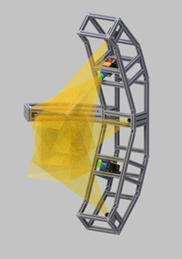 Mechanical structure of a set of cameras and beamers; perspective towards the front of the system, slightly ⅓ upper left.